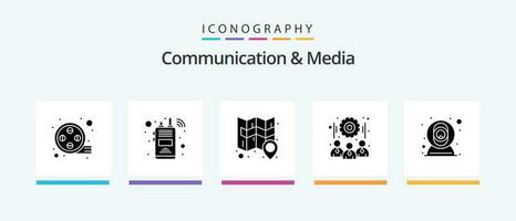 comunicação e meios de comunicação glifo 5 ícone pacote Incluindo rede. trabalho em equipe. localização. equipe. engrenagem. criativo ícones Projeto vetor