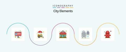 cidade elementos plano 5 ícone pacote Incluindo cidade. torre. fazer compras. poder. loja vetor