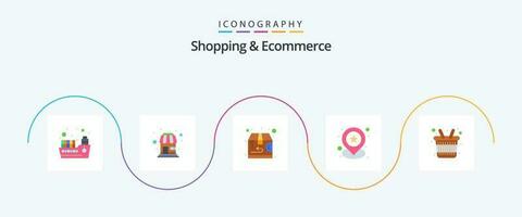 compras e comércio eletrônico plano 5 ícone pacote Incluindo cesta. estrela. fazer compras. localização. configurações vetor