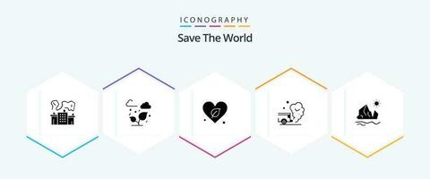 Salve  a mundo 25 glifo ícone pacote Incluindo ecologia. poluição. coração. gás. ar vetor