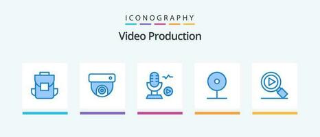 vídeo Produção azul 5 ícone pacote Incluindo pesquisar. jogar. microfone. meios de comunicação. Câmera. criativo ícones Projeto vetor