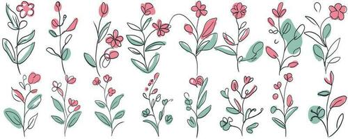 flor linha arte conjunto do mão desenhado formas e rabisco Projeto elementos. exótico selva folhas, flores e plantas. vetor