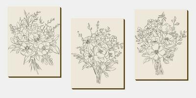 flor ramalhete linha arte, Preto e branco floral conjunto coleção agrupar desenhado à mão, filial, folhagem, folha mínimo Antiguidade retro contemporâneo tinta desenhando para decoração Casamento convite e poster cartão vetor