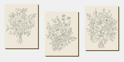 flor ramalhete linha arte, Preto e branco floral conjunto coleção agrupar desenhado à mão, filial, folhagem, folha mínimo Antiguidade retro contemporâneo tinta desenhando para decoração Casamento convite e poster cartão vetor