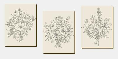 flor ramalhete linha arte, Preto e branco floral conjunto coleção agrupar desenhado à mão, filial, folhagem, folha mínimo Antiguidade retro contemporâneo tinta desenhando para decoração Casamento convite e poster cartão vetor