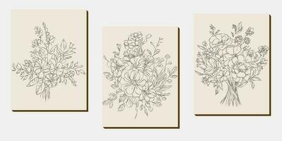 flor ramalhete linha arte, Preto e branco floral conjunto coleção agrupar desenhado à mão, filial, folhagem, folha mínimo Antiguidade retro contemporâneo tinta desenhando para decoração Casamento convite e poster cartão vetor