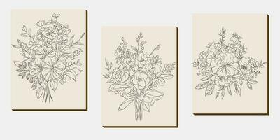 flor ramalhete linha arte, Preto e branco floral conjunto coleção agrupar desenhado à mão, filial, folhagem, folha mínimo Antiguidade retro contemporâneo tinta desenhando para decoração Casamento convite e poster cartão vetor