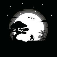 ninja, assassino, samurai Treinamento às noite em uma cheio lua vetor