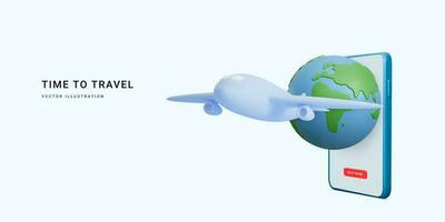 3d realista viagem bandeira com telefone, planeta e avião. Tempo para viagem. vetor ilustração