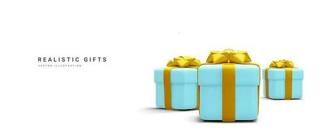 3d realista pilha azul presentes caixas com ouro fita. decorativo festivo objetos. Novo ano e Natal Projeto bandeira. vetor ilustração