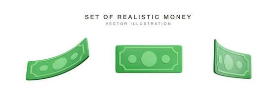 realista nota de banco moeda dentro desenho animado estilo. 3d verde papel dólares. conjunto do torcido dinheiro. vetor ilustração