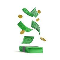 verde moeda pilha e queda ouro moedas dentro desenho animado estilo. 3d realista dinheiro objeto para poster ou bandeira. vetor ilustração