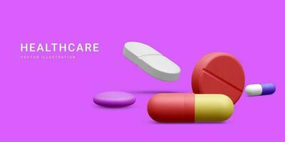 3d realista farmacia droga saúde tábua. médico ou farmacêutico bandeira com pílulas. vetor ilustração