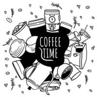 fofa rabisco desenho animado do café copo Projeto com café Tempo texto dentro Preto branco para café fazer compras fundo Projeto. mão desenhado Projeto do copo vetor
