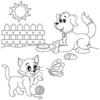 coloração página do uma pequeno gato e cachorro este estão jogando lado de fora vetor
