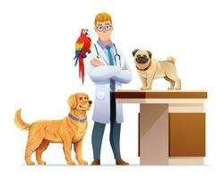 veterinário com cachorros e uma papagaio pássaro desenho animado ilustração vetor