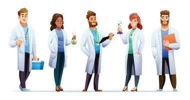 conjunto do masculino e fêmea cientista personagens dentro desenho animado estilo vetor