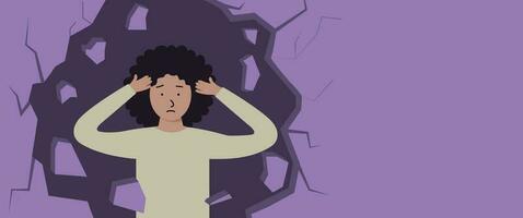 depressivo mulher agarrando dela cabeça. mental transtorno, tristeza e depressão conceito. fisica e emocional violência contra mulheres. vetor