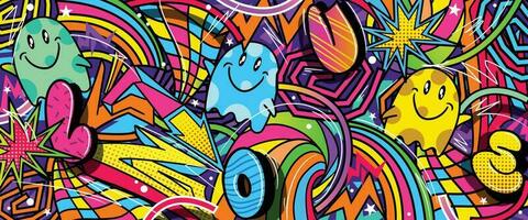 grafite rabisco arte fundo com vibrante cores desenhado à mão estilo. rua arte grafite urbano tema para impressões, bandeiras, e têxteis dentro vetor formato