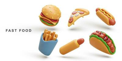 3d realista conjunto Hamburger, pizza, quente cachorro, taco e fritas batatas. vetor ilustração.