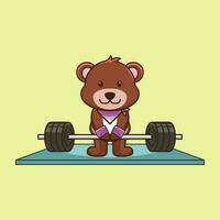 levantamento de peso, fofa mascote Urso elevação barra. fofa adesivo, Academia exercite-se ícone, desenho animado estilo vetor