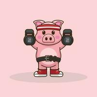 adorável desenho animado porco flexão músculos com uma Kettlebells vetor