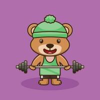 musculação, mascote logotipo Urso elevação barra. Academia exercite-se ícone, fofa adesivo, desenho animado estilo vetor