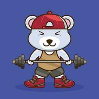 peso treinamento, fofa mascote Urso elevação barra. fofa adesivo, Academia exercite-se logotipo, desenho animado estilo vetor