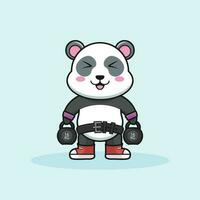 adorável desenho animado panda Urso flexão músculos com uma Kettlebells vetor
