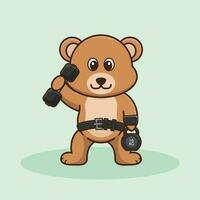 adorável Urso elevação barra e kettlebell. fofa adesivo, Academia exercite-se ícone, desenho animado estilo. vetor