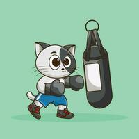 mascote logotipo, fofa gato boxer vestindo boxe luvas batendo a soco saco treinamento, exercício dentro a academia. Academia exercite-se ícone, fofa adesivo, desenho animado estilo vetor