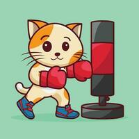 fofa mascote, fofa gato boxer vestindo boxe luvas batendo a soco saco treinamento, exercício dentro a academia. fofa adesivo, Academia exercite-se mascote, desenho animado estilo vetor