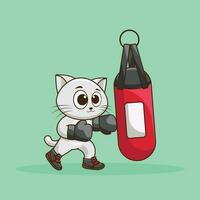 mascote logotipo, fofa gato boxer vestindo boxe luvas batendo a soco saco treinamento, exercício dentro a academia. Academia exercite-se desenho animado vetor ícone ilustração