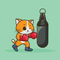 animal mascote, fofa gato boxer vestindo boxe luvas batendo a soco saco treinamento, exercício dentro a academia. Academia exercite-se ícone, fofa adesivo, desenho animado estilo vetor
