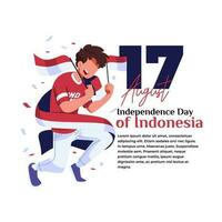 ilustração do indonésio independência celebração uma jovem homem segurando dois bandeiras vetor