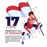ilustração do indonésio independência celebração uma jovem homem é animado com uma bandeira vetor