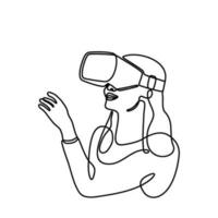 mulher vestindo virtual realidade óculos dispositivo. metaverso conceito. contínuo linha. mão retirou. 1 linha. linha arte. logotipo Projeto. vetor. ilustração vetor