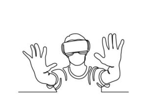 pessoas vestindo virtual realidade óculos dispositivo. metaverso conceito. contínuo linha. mão retirou. 1 linha. linha arte. logotipo Projeto. vetor. ilustração vetor