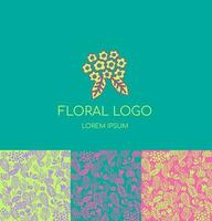 coleção do único floral logotipo e três padrões com folk estilo flores corporativo identidade conjunto para flor comprar, nupcial butique, beleza salão. vetor floral definir.