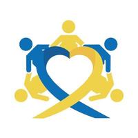 Dia Mundial da Síndrome de Down com fita em forma de coração, crianças ao redor vetor
