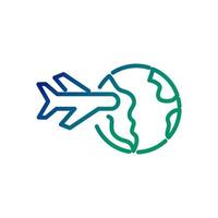mundo planeta Terra com ícone de estilo de linha de vôo de avião vetor