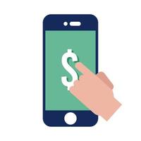 mão tocando smartphone com estilo simples de símbolo de dólar vetor