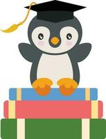 fofa pinguim com graduação boné sentado em topo do livros vetor