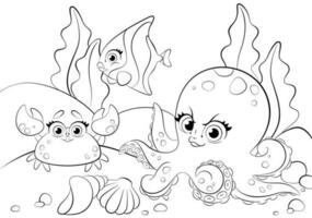 caprichoso linha arte ilustração do fofa polvo, peixe, e caranguejo, habitantes do a embaixo da agua mundo, perfeito para crianças coloração livros vetor