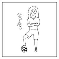 fêmea jogador de futebol. vetor desenhado à mão rabisco ilustração. menina com uma bola.