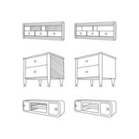 conjunto do televisão mesa e cama mesa ícone mobília linha arte vetor, minimalista ilustração Projeto vetor