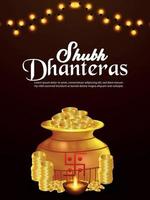 panfleto de celebração shubh dhanteras com criativo pote de moedas de ouro vetor