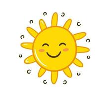 rabisco Sol ícone. mão desenhado sorrir amarelo Sol com raios símbolo. rabisco crianças desenho. mão desenhado Estrela personagem. quente clima placa. vetor ilustração isolado em branco fundo