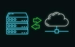 dados troca nuvem ícone brilho néon estilo, controlo remoto informação armazenar, base de dados computador em formação esboço plano vetor ilustração, isolado em branco.