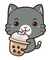 fofa pequeno Preto gato feliz bebendo boba leite chá vetor